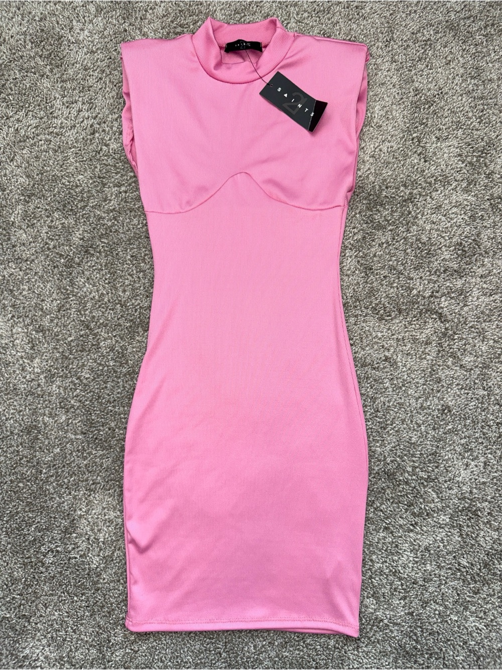 NWT 21 Saints Mock Neck Padded Shoulder Bodycon Mini Dress in Pink- Women’s XS